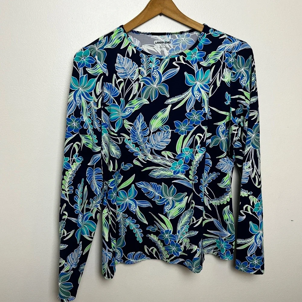 Lands End Womens M/L 10-12 Rash Guard Long Sleeve Tropical Floral Swim Shirt UPF